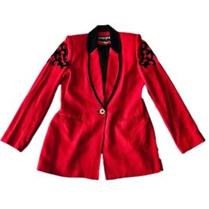 Vtg Criscione Red + Black Trim Applique Single-Breasted Western Band Blazer S